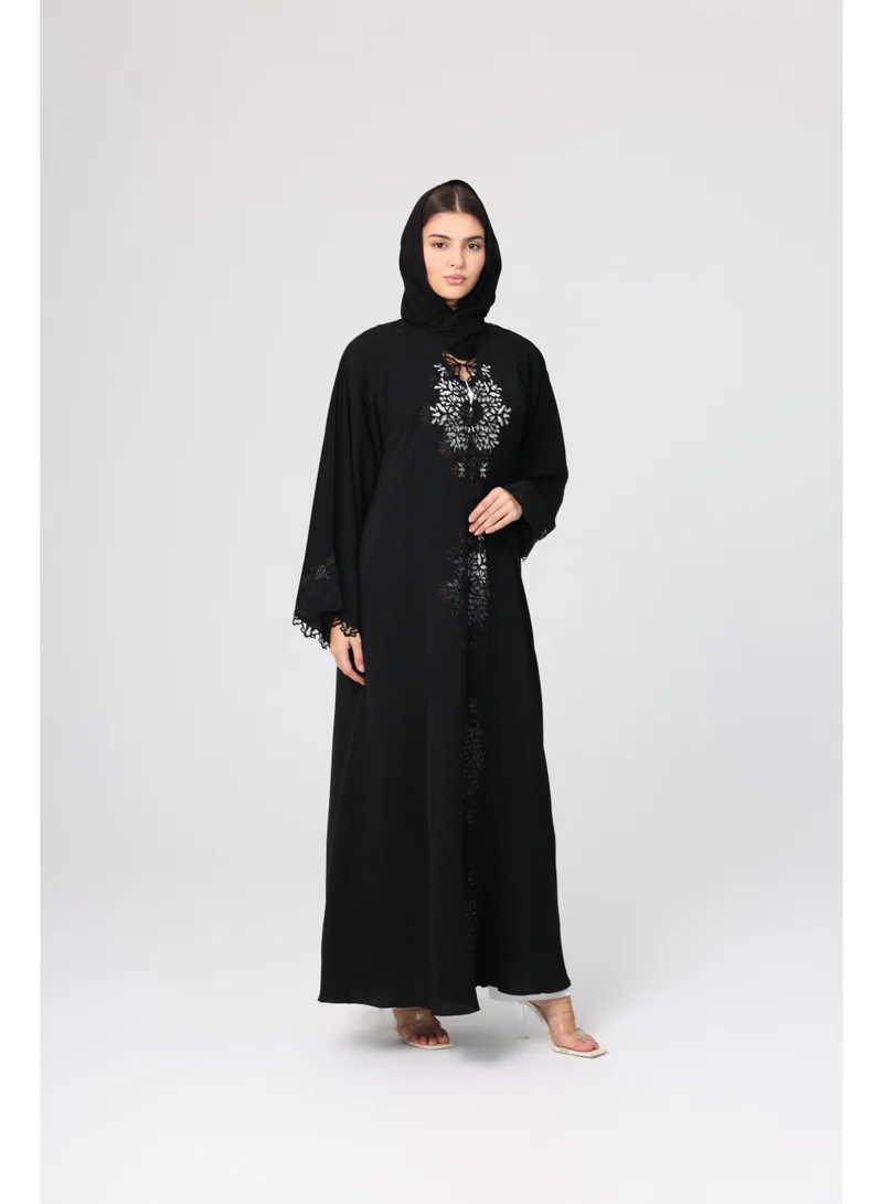 IKKXA Floral Cut Front Abaya Crystal Details ABY1130 Black